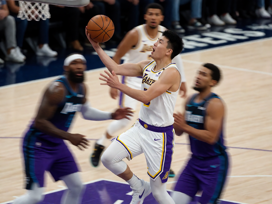 NBA篮球比赛中洛杉矶湖人队球员突破上篮的瞬间